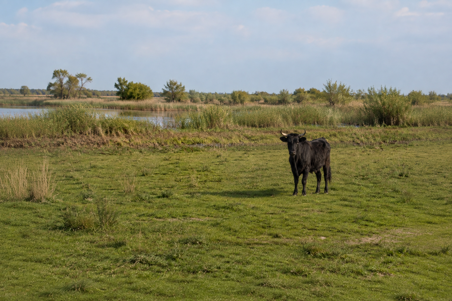 Illustration générée par IA : un taureau noir dans une prairie de Camargue.