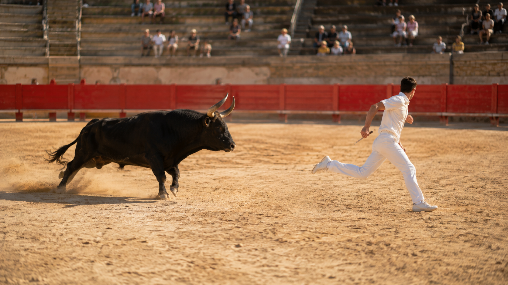 Illustration générée par IA : un taureau camarguais poursuit un raseteur vêtu de blanc dans les arènes.